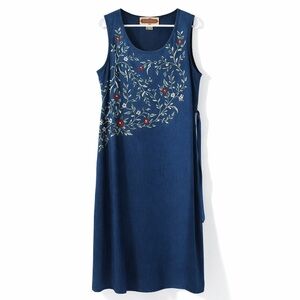 F.V. Cotton Blue Embroidered Floral Midi Dress Sleeveless Size M